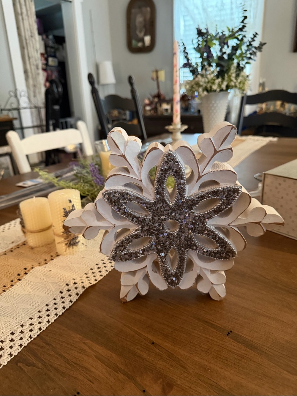 White Glitter Snowflake Table Accent - Home Holiday